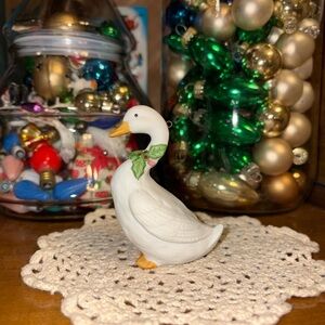 Source Unknown White Duck Figurine with Green Leaf and Red Berry, vintage